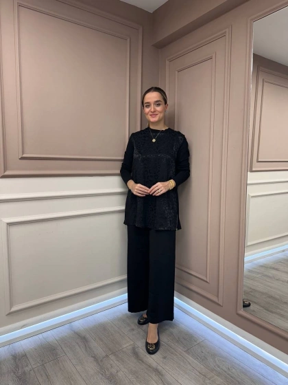 Nuss Triko 26K3002 Siyah Önü Leopar Desen Arkası Triko Tunik