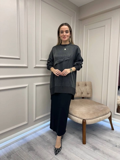 Nuss Triko 26K3003 Antrasit Önü Detaylı Tunik