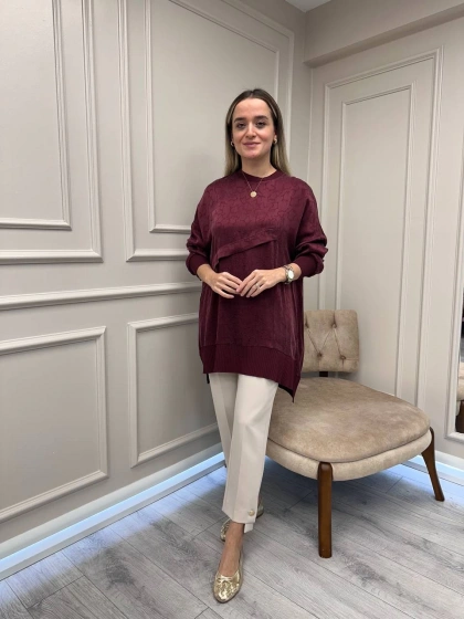 Nuss Triko 26K3003 Bordo Önü Detaylı Tunik