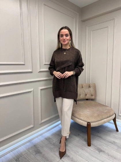 Nuss Triko 26K3003 Kahve Önü Detaylı Tunik