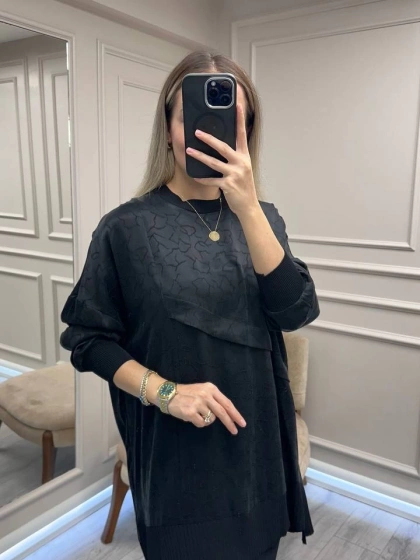 Nuss Triko 26K3003 Siyah Önü Detaylı Tunik