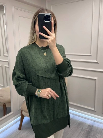 Nuss Triko 26K3003 Yeşil Önü Detaylı Tunik