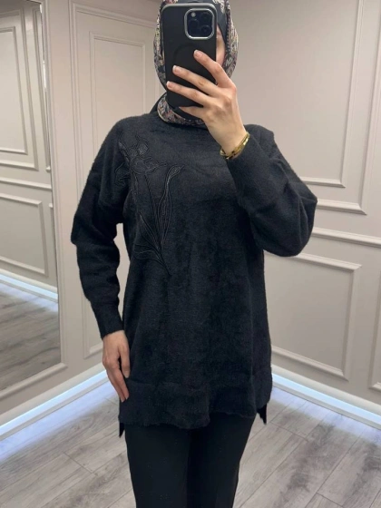 Nuss Triko 26K7004 Siyah Angora Kazak
