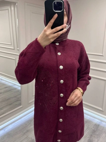 Nuss Triko 26K7007 Bordo Angora Hırka