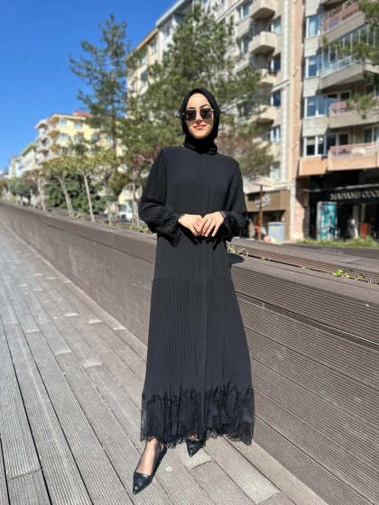 Qeffa Q174 Siyah Pilise Dantel Detaylı Ferace