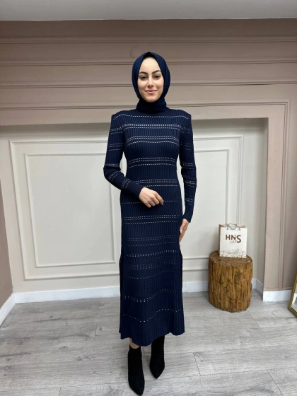Qooq 24FW404 Lacivert Triko Elbise