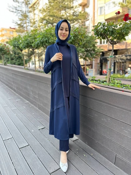 RedShow 23010 Lacivert Önü Şerit Şifonlu Kap