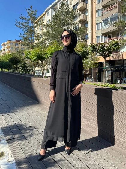 RedShow 25075 Siyah Bel Kısmı Detaylı Ferace