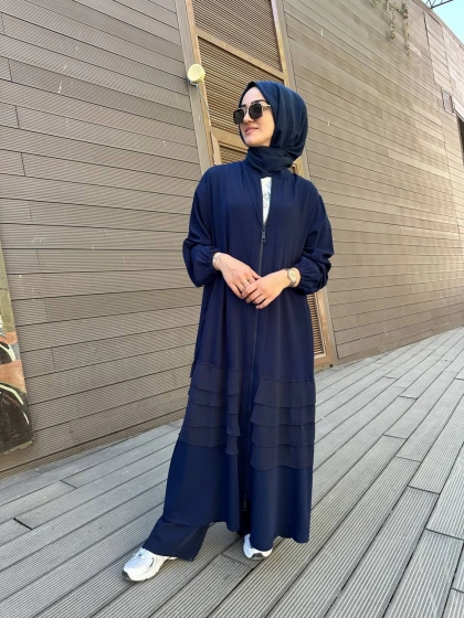 RedShow 25110 Lacivert Eteği Fırfır Detaylı Büyük Beden Ferace