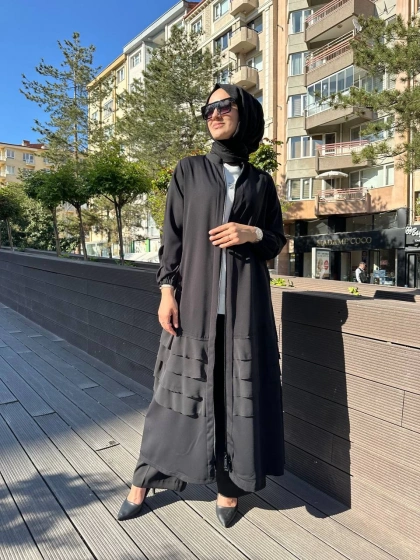 RedShow 25110 Siyah Eteği Fırfır Detaylı Ferace