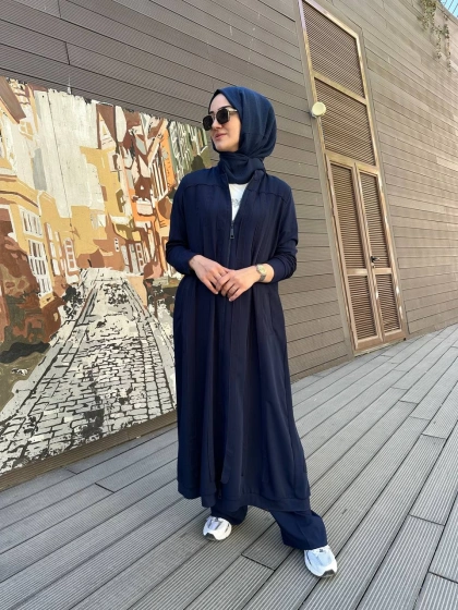 RedShow 25165 Lacivert Şerit Detay Büyük Beden Ferace