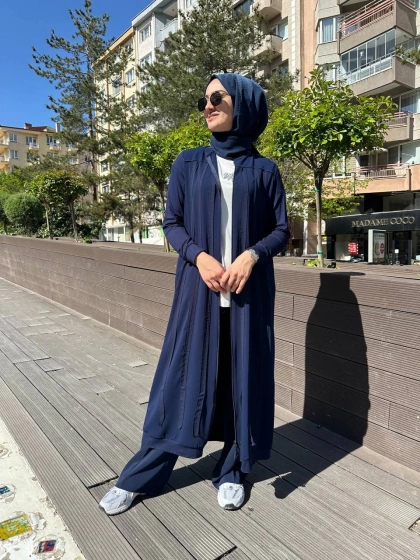 RedShow 25165 Lacivert Şerit Detaylı Ferace