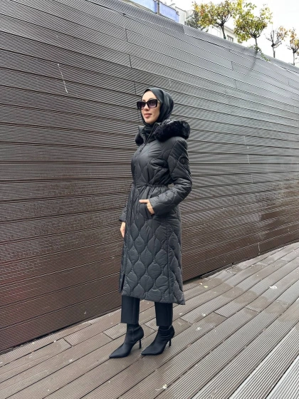 Trenç 5628 Siyah Soğan Desenli Şişme Kaban