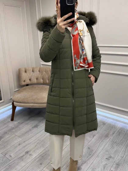 Trenç 5630 Haki Kapüşonu Orjinal Kürklü Şişme Kaban