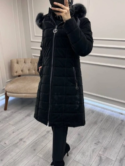 Trenç 5630 Siyah Kapüşonu Orjinal Kürklü Şişme Kaban