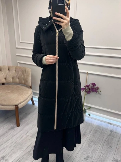 Trenç 5755 Siyah Ribanalı Kapitone Kaban