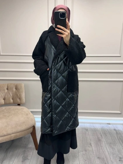 Trenç 5839 Siyah Peluş Detaylı Parlak Kapitone Kaban