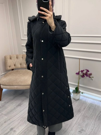 Trenç 5921 Siyah Baklava Desen Çıtçıtlı Kaban