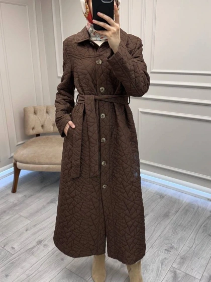 Trenç 5947 Kahve Uzun Kapitone Kuşaklı Kaban