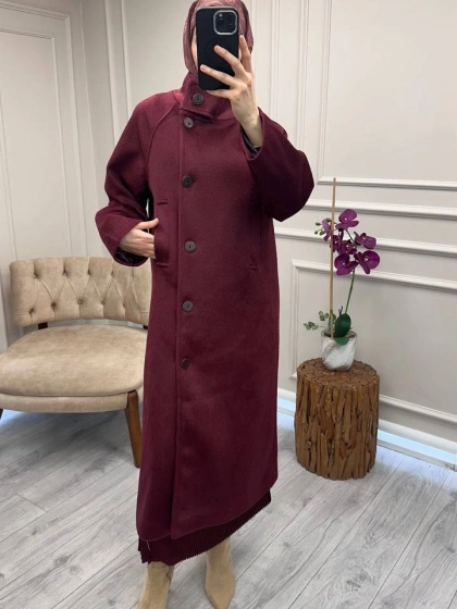 Trenç 6014 Bordo Dik Yaka Düğmeli Kaşe Kaban