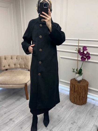 Trenç 6014 Siyah Dik Yaka Düğmeli Kaşe Kaban