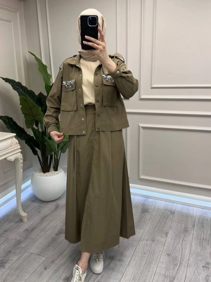 Wennora 1007 Haki Cepleri Taş İşlemeli Takım