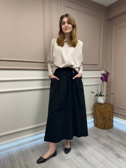 Yusuf Özdemir 1565 Siyah Düğme Ve Cep Detaylı Etek