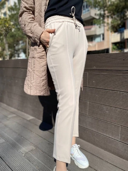 Yusuf Özdemir 23Y1360 Bej Belden Bağlamalı Kumaş Pantolon