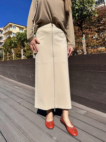 Yusuf Özdemir 24K1491 Bej Önden Fermuarlı Etek