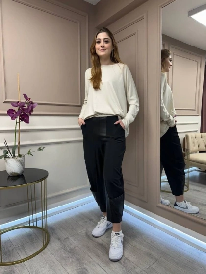 Yusuf Özdemir 25K1537 Siyah Deri Detaylı Pantolon