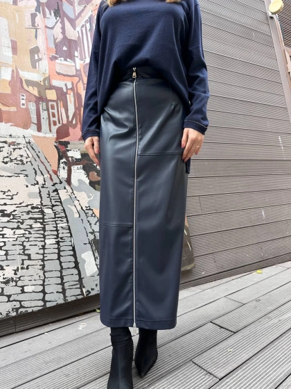 Yusuf Özdemir 25K1488 Lacivert Fermuarlı Deri Etek