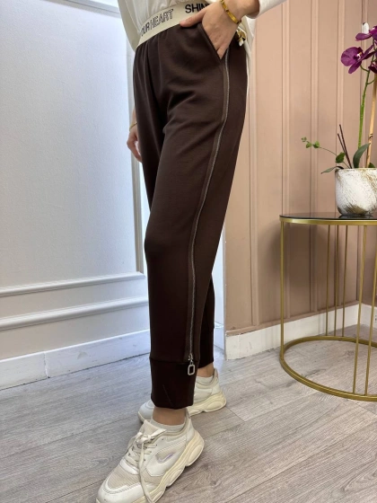 Yusuf Özdemir 25K1494 Kahverengi Beli Lastikli Yanı Fermuarlı Penye Pantolon