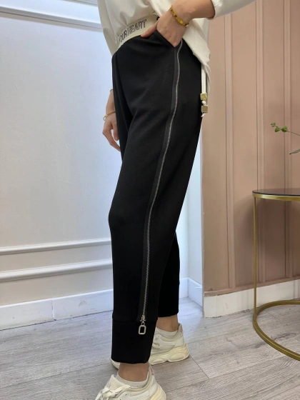 Yusuf Özdemir 25K1494 Siyah Beli Lastikli Yanı Fermuarlı Penye Pantolon