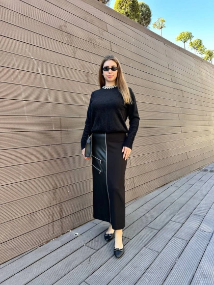 Yusuf Özdemir 25K1526 Siyah Fermuar Detaylı Deri Etek