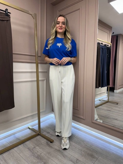 Yusuf Özdemir 25Y1569 Ekru Nervür Detaylı Pantolon