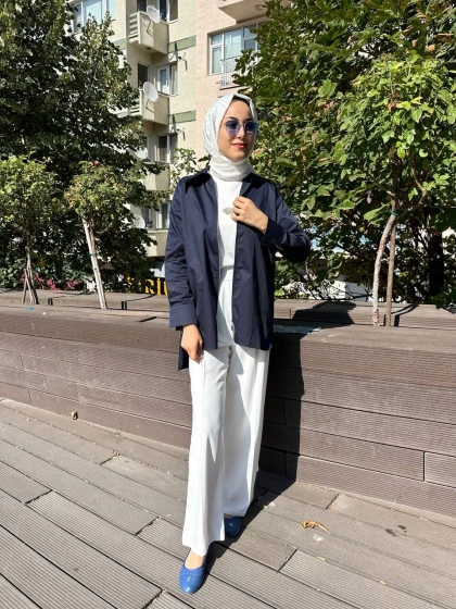 Zeynep Şule 10006 Lacivert Pamuk Fermuarlı Gömlek