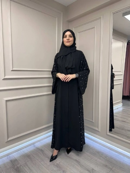 Zigay 1011 Siyah Kolları Ve Yanları Taşlı Abaya