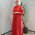 Miss Dalida 2264351 Kırmızı Gömlek Yaka İpek Keten Uzun Elbise