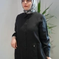 Miss Dalida 2268284 Siyah Nakış Detaylı Düğmeli Keten Uzun Kap