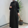 Miss Dalida 2268284 Siyah Nakış Detaylı Düğmeli Keten Uzun Kap