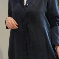 Miss Dalida 2268285 Lacivert Yakasız Yırtmaç Detaylı Keten Ceket