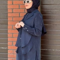 Miss Dalida 2260262 Lacivert Bağlama Detaylı Keten Ceket - Elbise Takımı