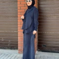 Miss Dalida 2260262 Lacivert Bağlama Detaylı Keten Ceket - Elbise Takımı