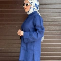 Miss Dalida 2263256 Mavi Minimal Nakışlı Cepli Keten Gömlek