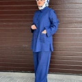 Miss Dalida 2263256 Mavi Minimal Nakışlı Cepli Keten Gömlek