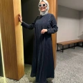Miss Dalida 2264257 Lacivert Uzun Kollu Keten Cupro Elbise