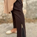 Misswhence 34101 Kahverengi Fermuar Yırtmaç Detaylı Pantolon