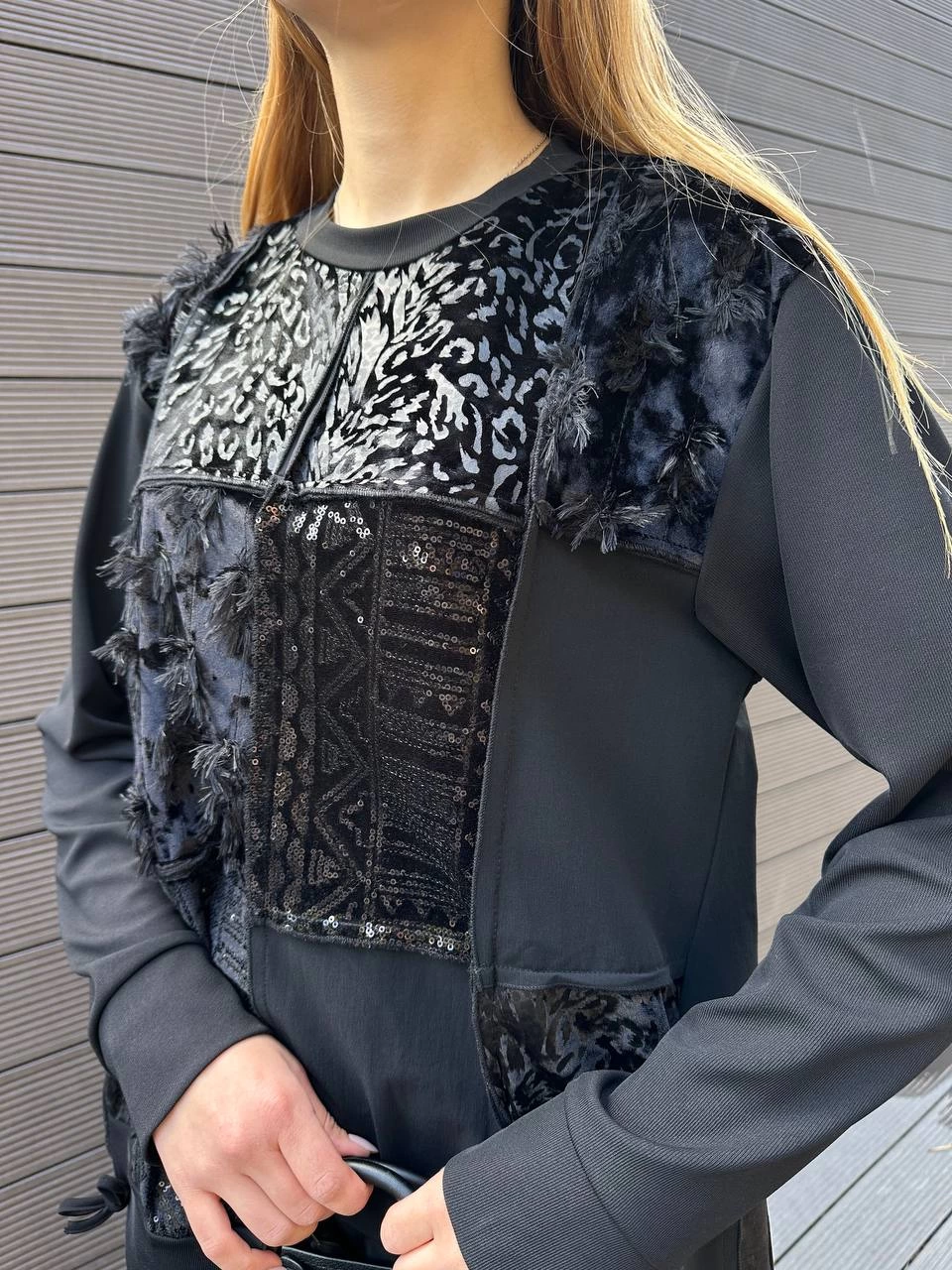 Misswhence 36004 Siyah Patchwork Bluz Paraşüt Etek Takım