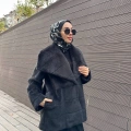 Trenç 7013 Antrasit Geniş Yaka Peluş Kürk Kaban