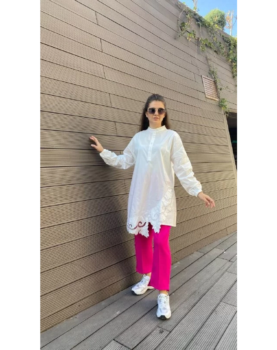 İnvee 6799 Beyaz Güpür Detaylı Tunik